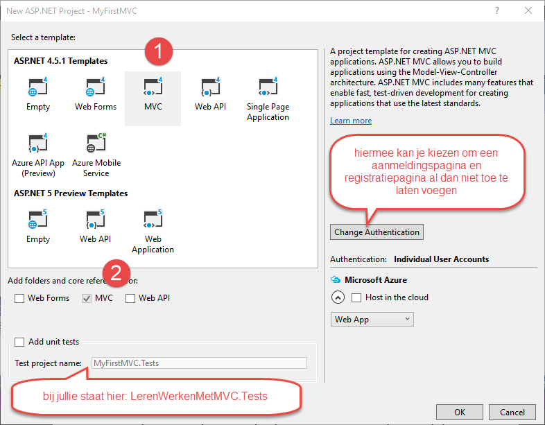 ASP.NET Templates dialoogvenster